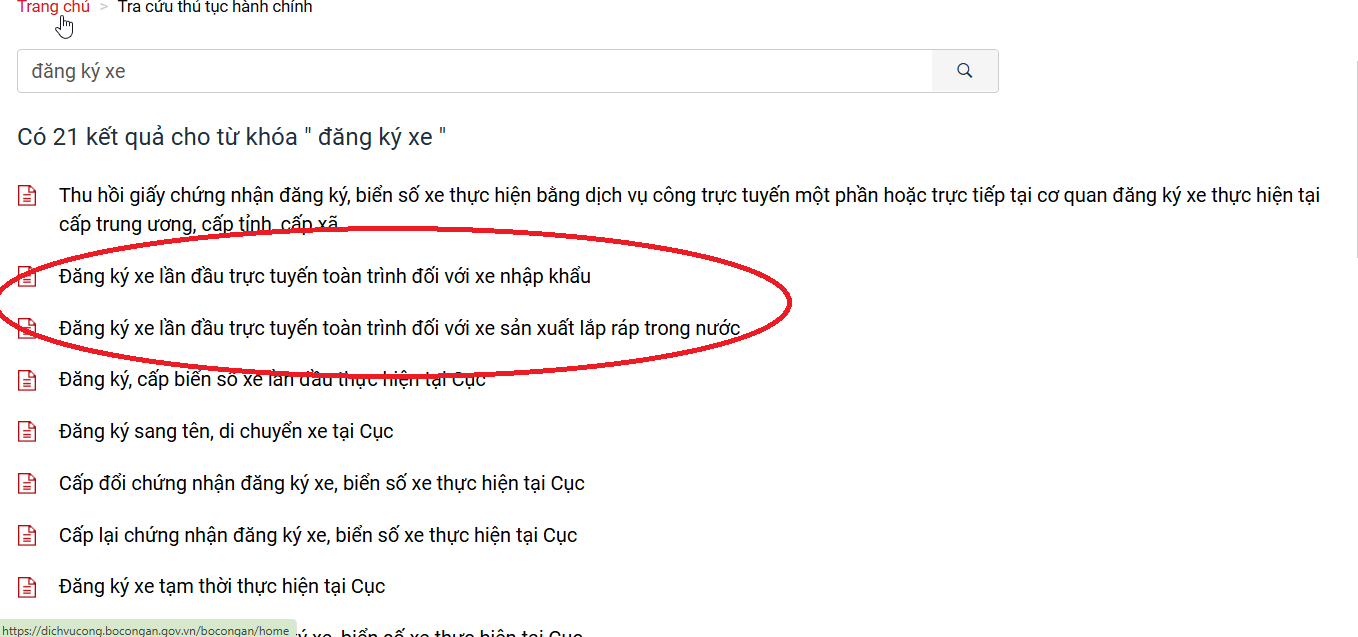 Khai đăng ký xe toàn trình trên dịch vụ công